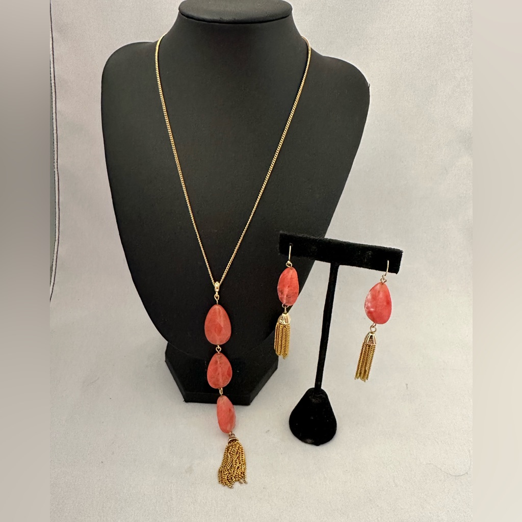 George Pink Glass Bead In Gold Tone Metal Necklace And Earrings Set